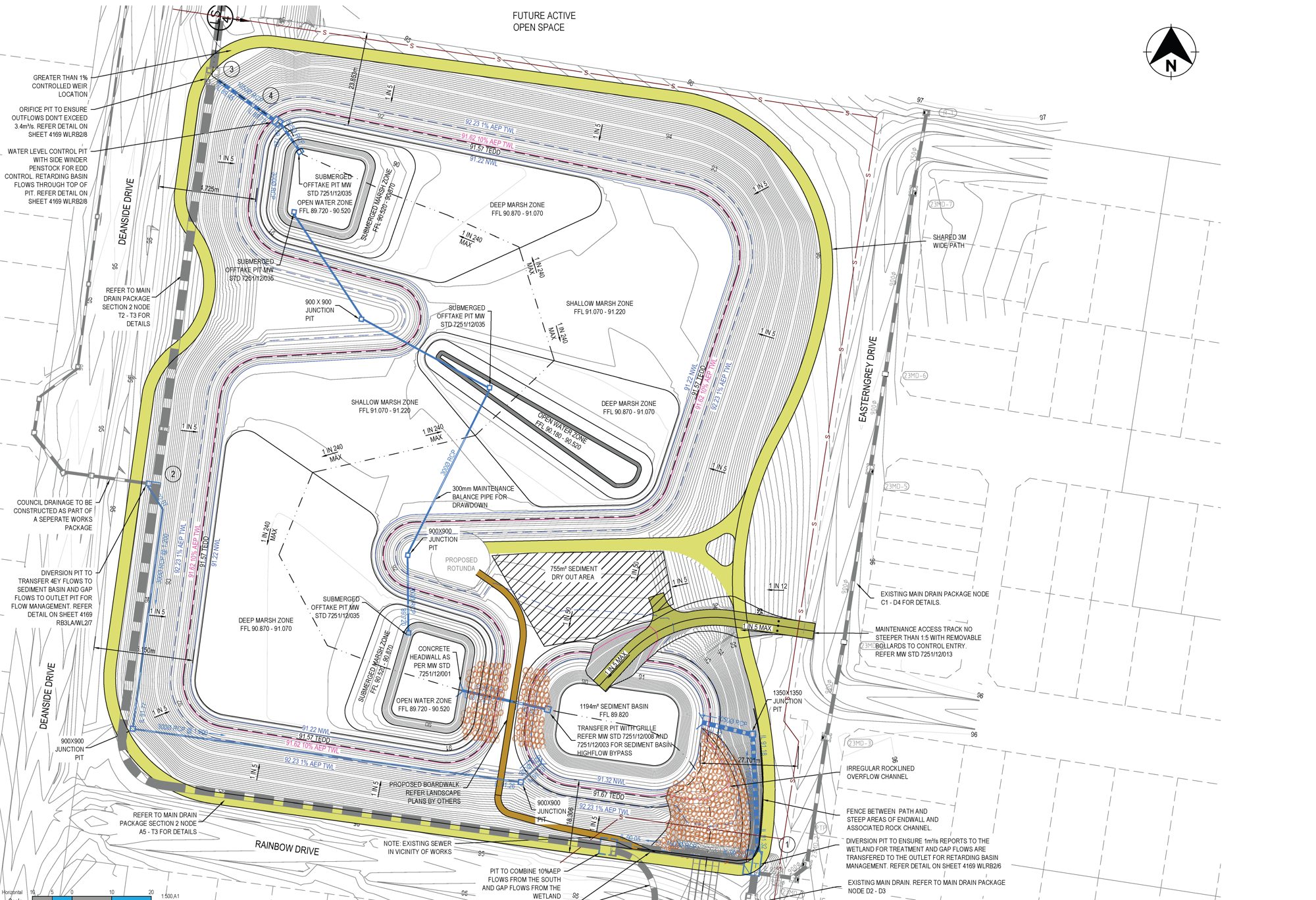 General layout plan of the Deanside wetland and retarding basin, showing the sediment basin and rock-lined inlet channel in the south-east corner, marsh zones and open water pools across the wetland, the outlet in the north-west corner, and a shared path looping the whole basin.