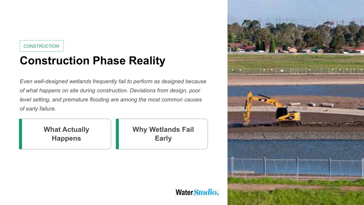 Slide titled Construction Phase Reality, with an excavator working in a partly filled wetland cell and a note that well-designed wetlands often fail because of what happens on site during construction.
