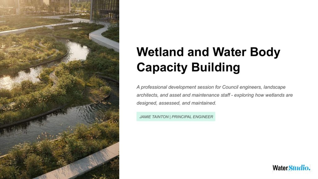Title slide reading Wetland and Water Body Capacity Building, a professional development session for Council engineers, landscape architects and asset and maintenance staff, beside a photo of a vegetated urban wetland.