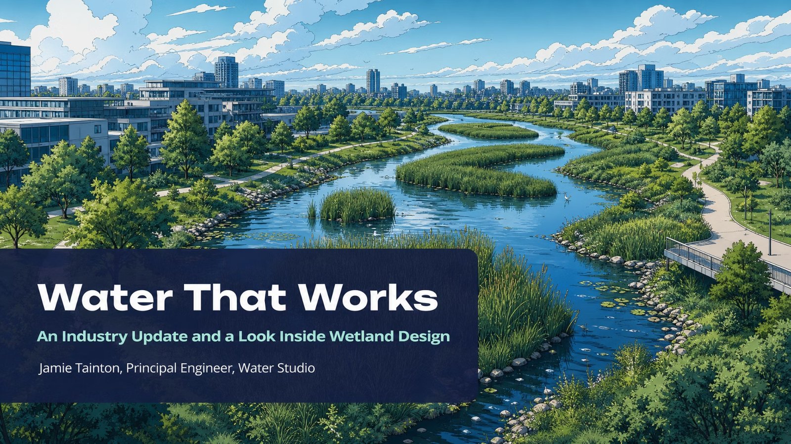 Title slide of Water That Works, showing a constructed wetland winding through urban parkland